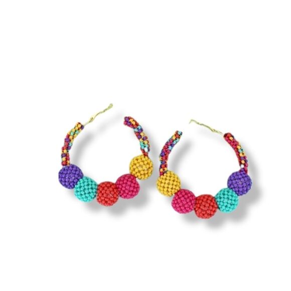 Multi-color Seed Bead Ball Hoop Earrings - Picture 7 of 8